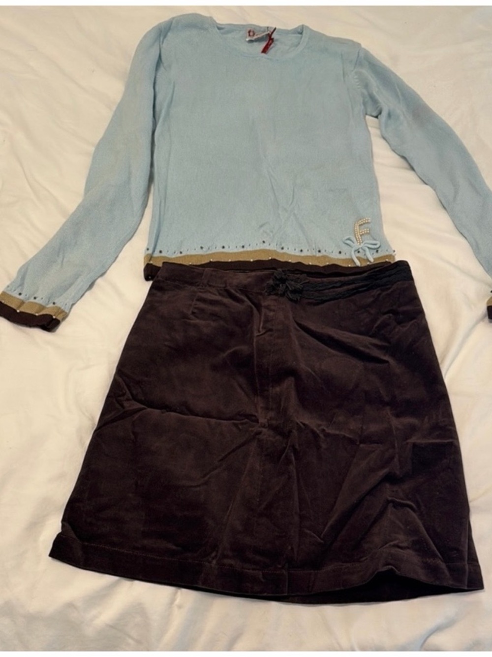 Girls Light Blue Knit Top & Brown Velvet A-Line Skirt Matching Set